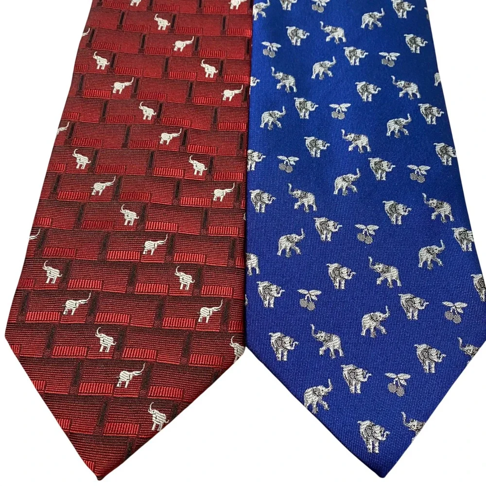 Lot of 2 Mens‎ Elephant Silk Ties Thailand Firsite Burgundy Red Royal Blue Silk
